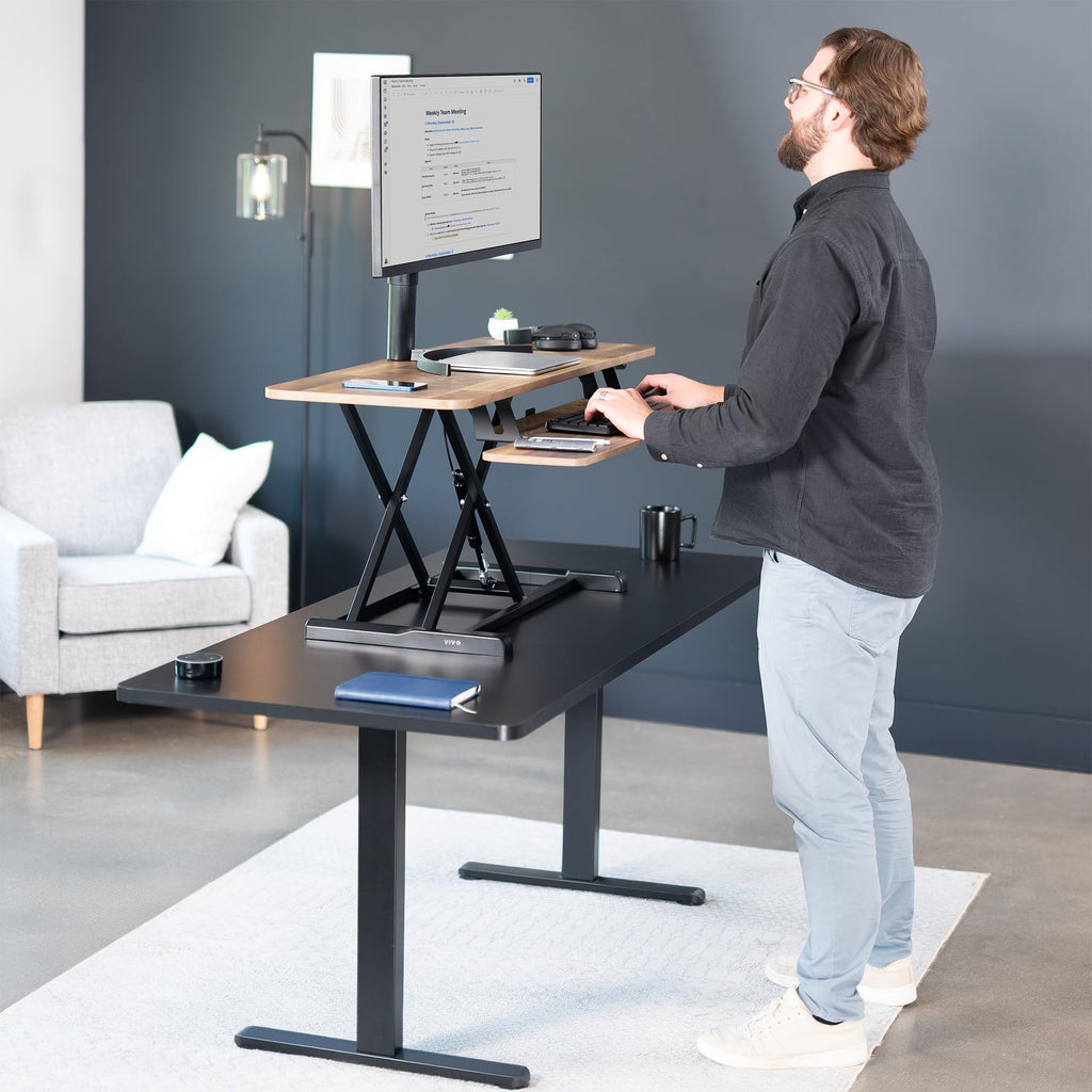 48 inch Desk Converter, K Series, Height Adjustable Sit to Stand Riser, Dual Monitor and Laptop Workstation with Wide Keyboard Tray, Reclaimed Wood Top, Black Frame, DESK-V048KP