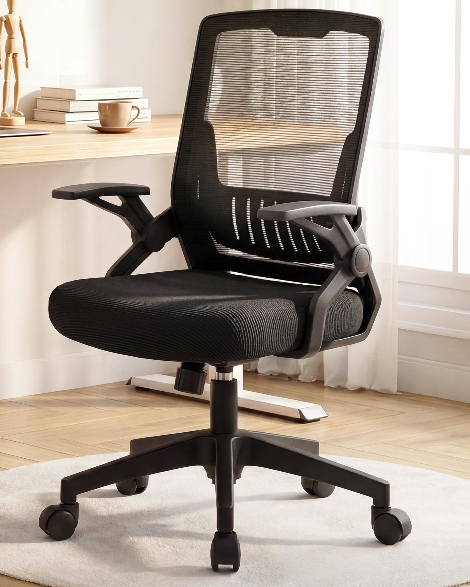 Ergonomic Office Chair with Flip-up Armrests Executive Computer Chair for Home Office, Breathable Mesh & Comfy Lumbar Support, Black