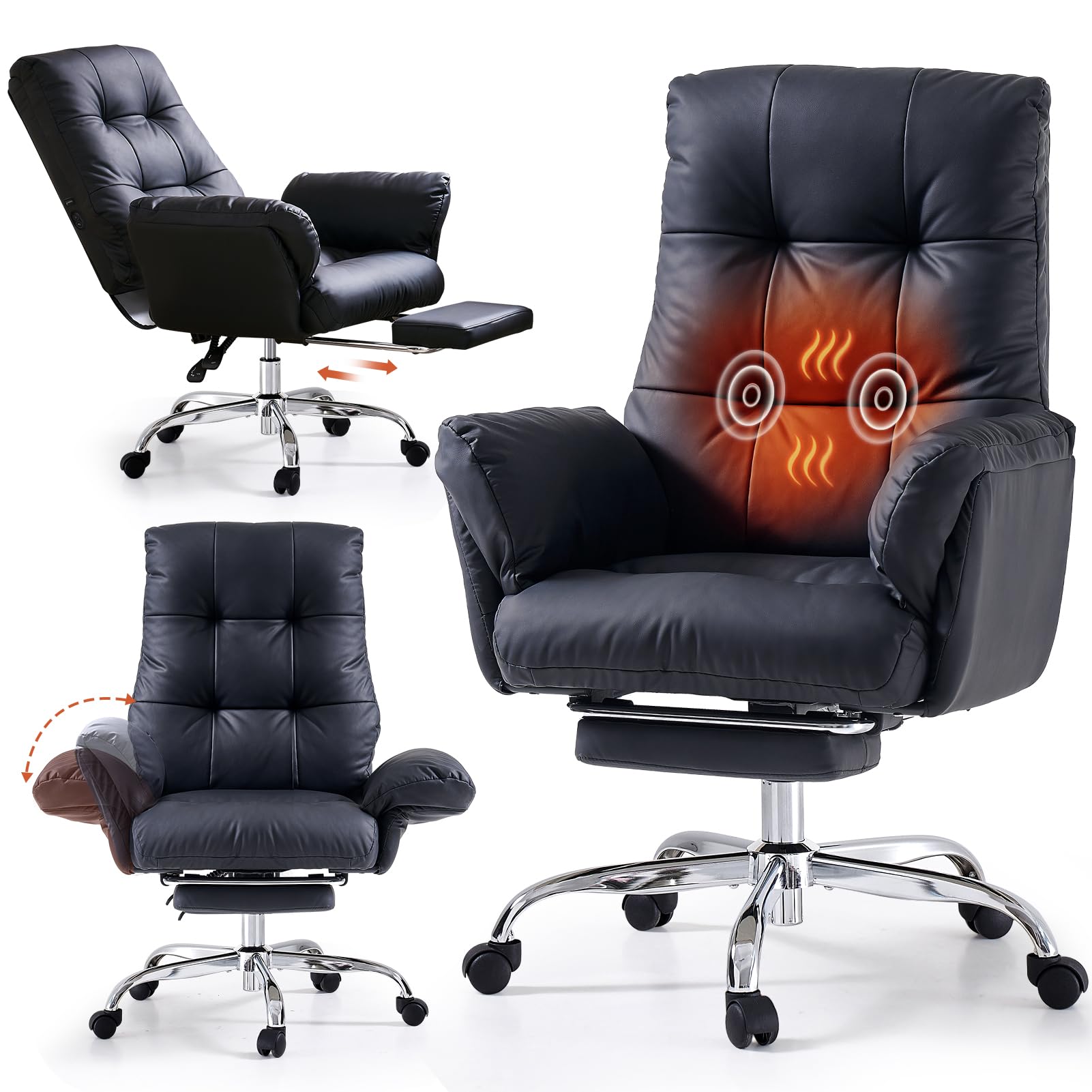 Heated and Massage Office Chair with Foot Rest Criss Cross Chair with Wheels and Flip-up Arms Reclining Desk Chair Comfy Wide Seat PU Leather Rolling Computer Home Office Chair (Black)
