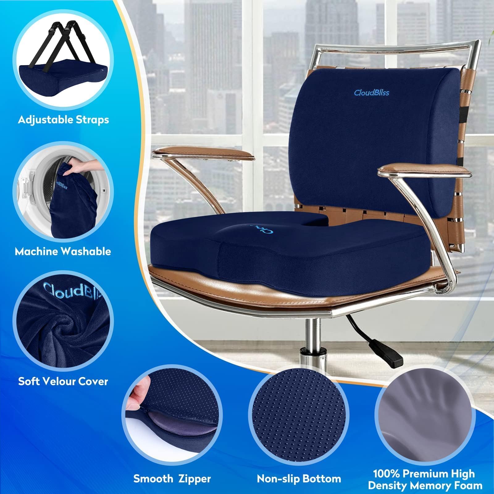 Lumbar Support Pillow & Seat Cushion Set for Office Chair, Desk Chair, Wheelchair & Car – Memory Foam Back Support, Ergonomic Chair Cushions, Sciatica Pain Relief, Home Essentials, Blue