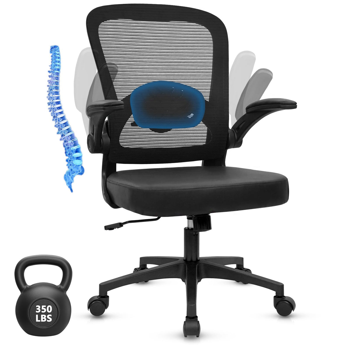 Desk Chairs with Wheels, Ergonomic Mesh Back PU Leather Seat Home Office Chair Adjustable Lumbar Support and Height Swivel Rolling Computer Task Chairs with Flip Up Arms for Conference, Black