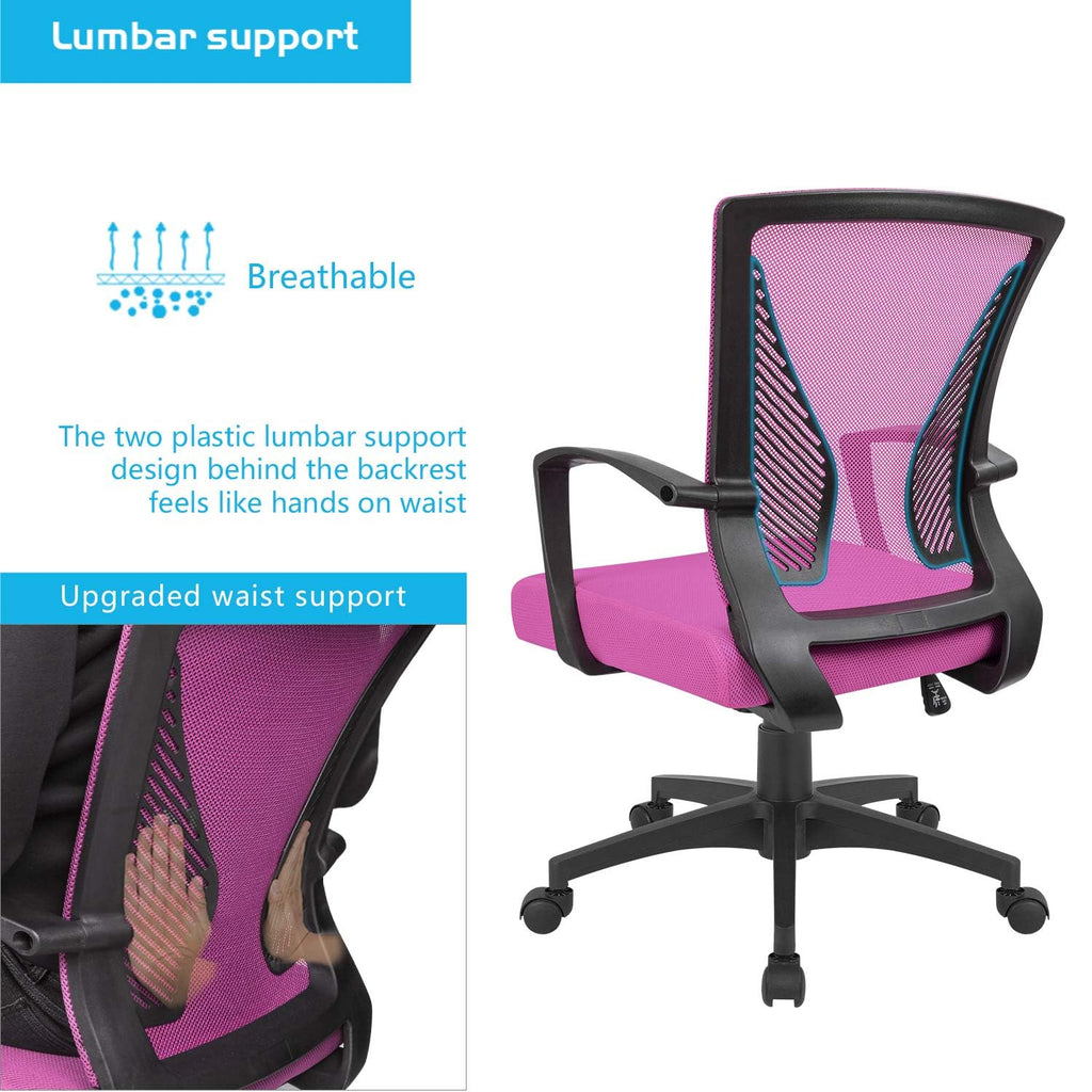 (2, Pink) Office Chair Ergonomic Computer Desk Mesh Chair Mid Back Swivel Lumbar Support with Armrest