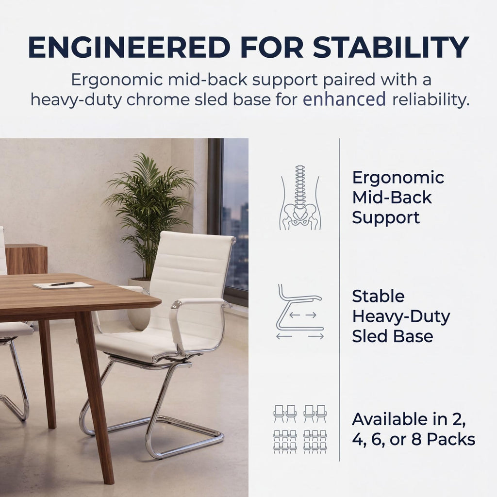 Conference Room Chairs Set of 6, Waiting Room Chairs with Arms, Faux Leather Reception Chairs No Wheels, Office Guest Chairs with Mid Back Support and Chrome Sled Base, White