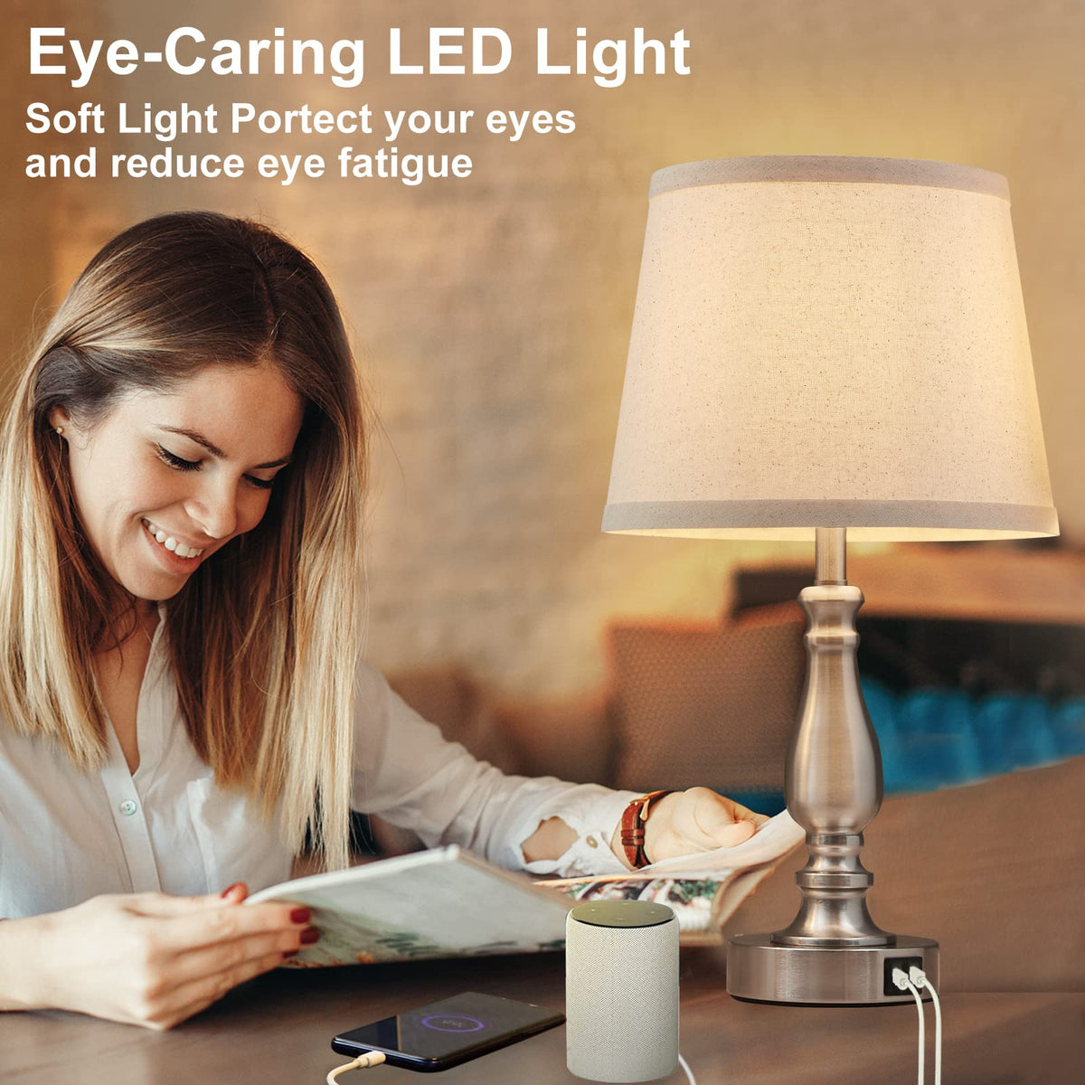 Lamps for Bedrooms Set of 2, Brushed Nickel Bedside Lamps with USB C+A Ports,Dimmable Nightstand Lamps with Fabric Lampshade, Touch Table Lamp for Living Room Bedroom Office, Bulbs Included