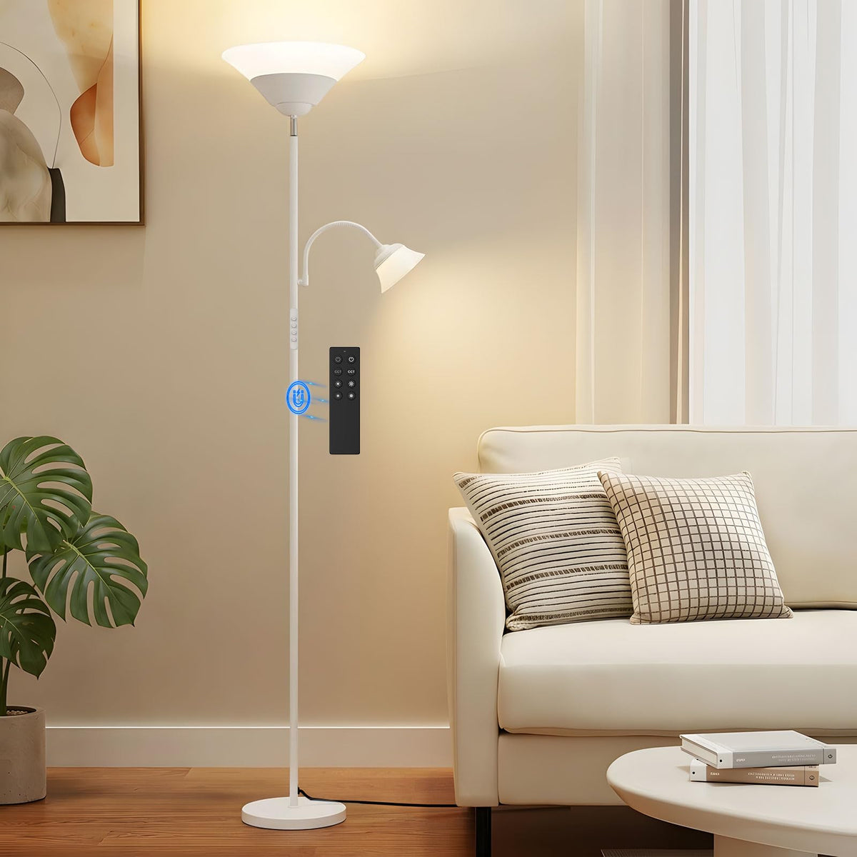 2-in-1 Torchiere Floor Lamp, 34W Super Bright LED Standing Lamp with Remote & Touch Control, 72" Dimmable Adjustable Corner Reading Lamp for Living Room, Bedroom, Office, White