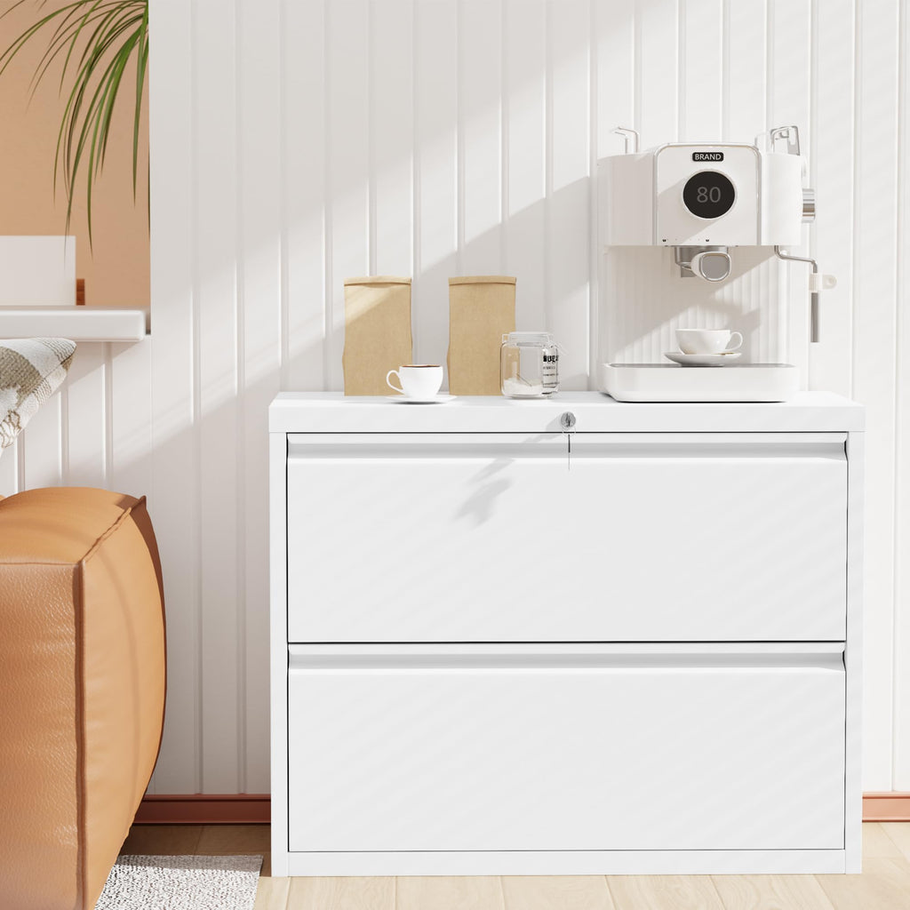 Lateral File Cabinet 2 Drawer, White Metal File Cabinets for Home Office, Locking File Cabinet for Letter/Legal/F4/A4 Size Hanging Files, Easy Assembly