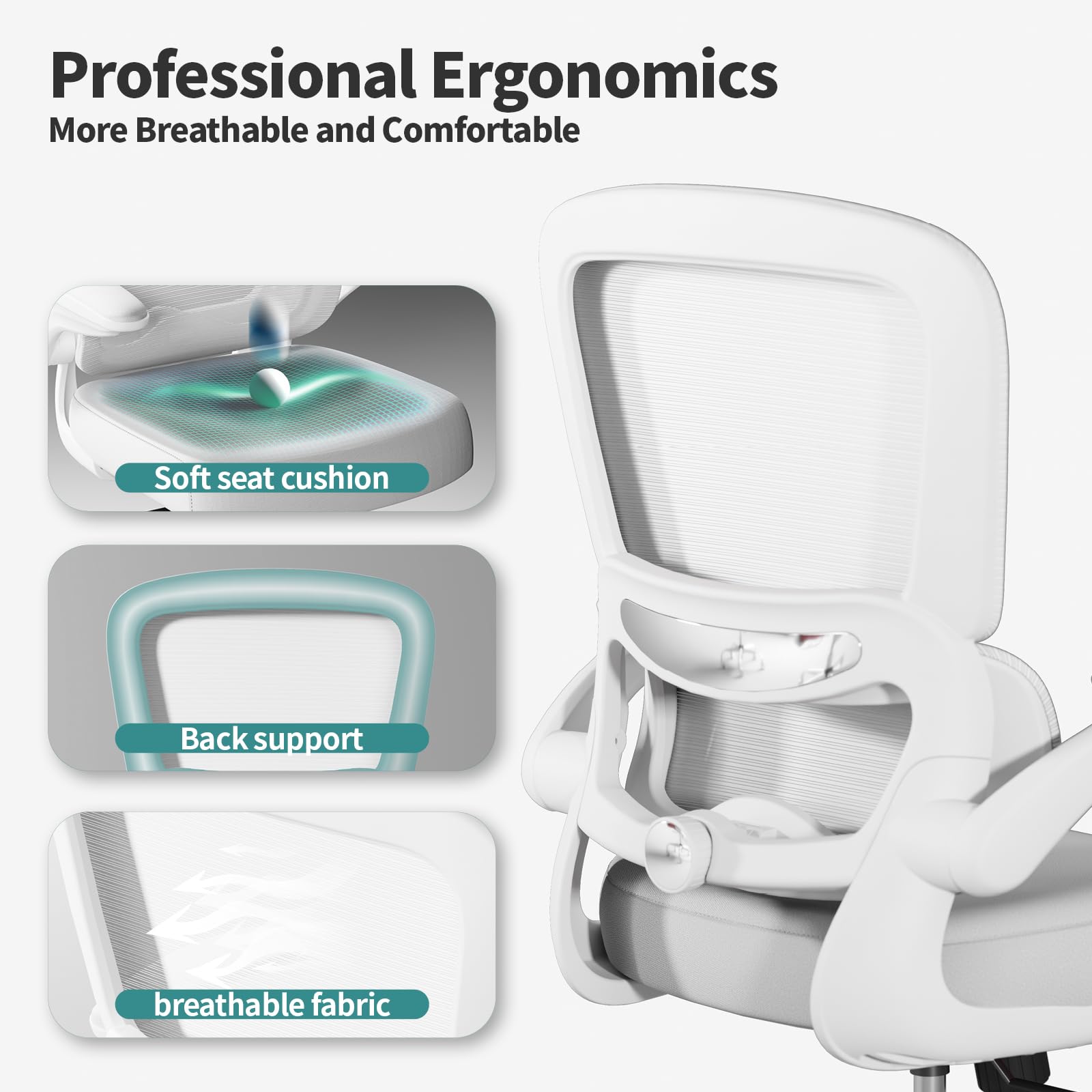 Office Chair - Ergonomic Desk Chair with Adjustable Lumbar Support, Mesh Computer Chair, Executive Chairs for Home Office Comfortable Lumbar Support (Cloud White)
