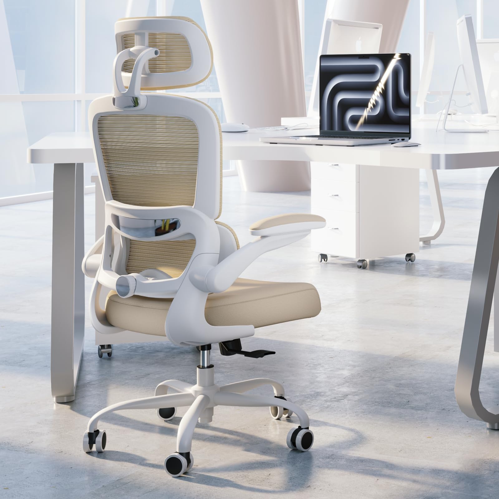 Office Chair Ergonomic Desk Chair, 330 LBS Home Mesh Office Desk Chairs with Wheels, Comfortable Gaming Chairs (Beige)