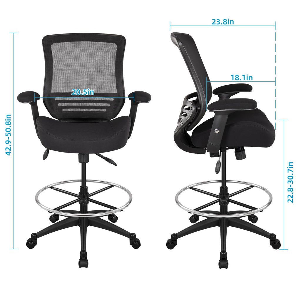 400lbs Mesh Ergonomic Office Drafting Chair Big Adjustable Foot Ring Height Adjustable Armrest(Black)