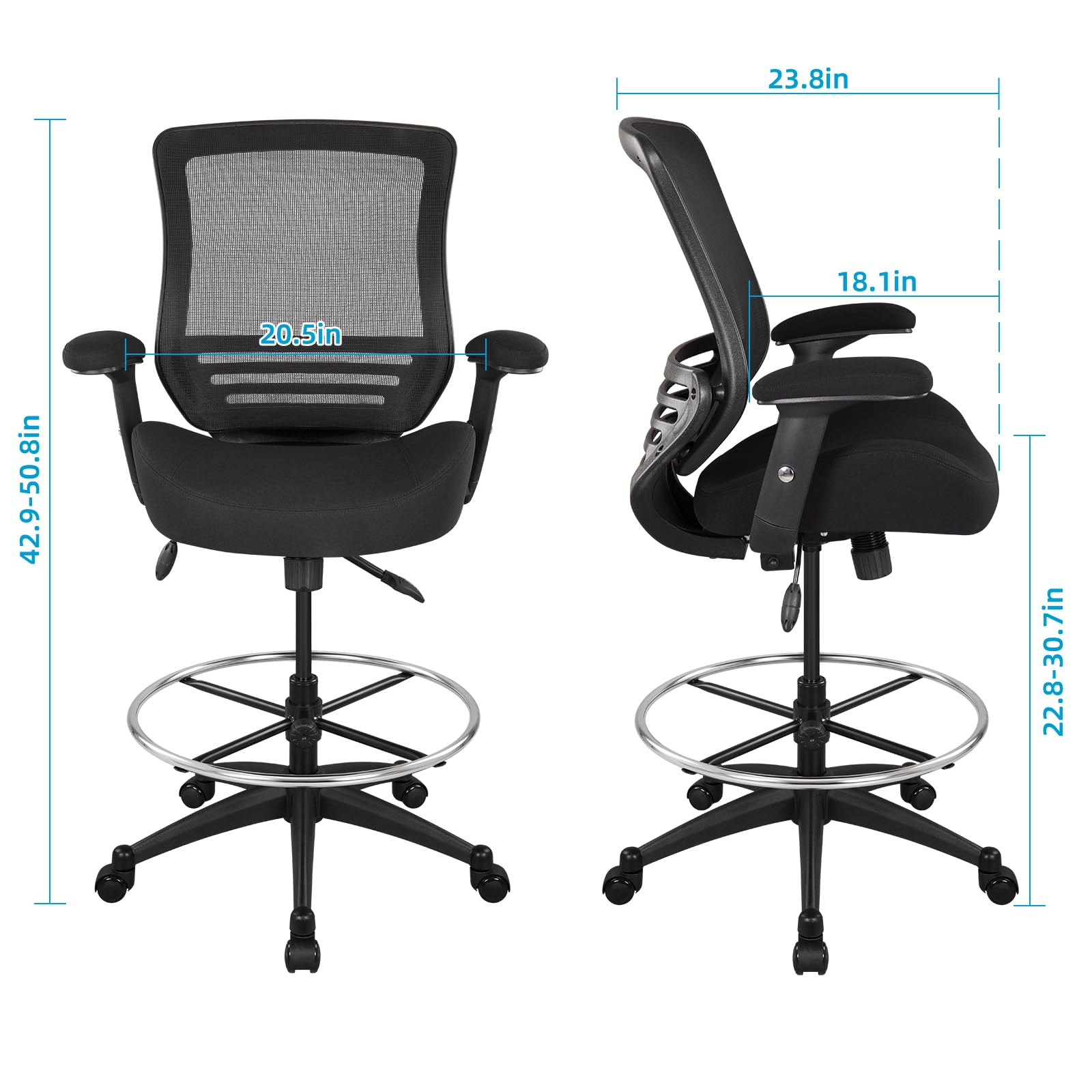 400lbs Mesh Ergonomic Office Drafting Chair Big Adjustable Foot Ring Height Adjustable Armrest(Black)