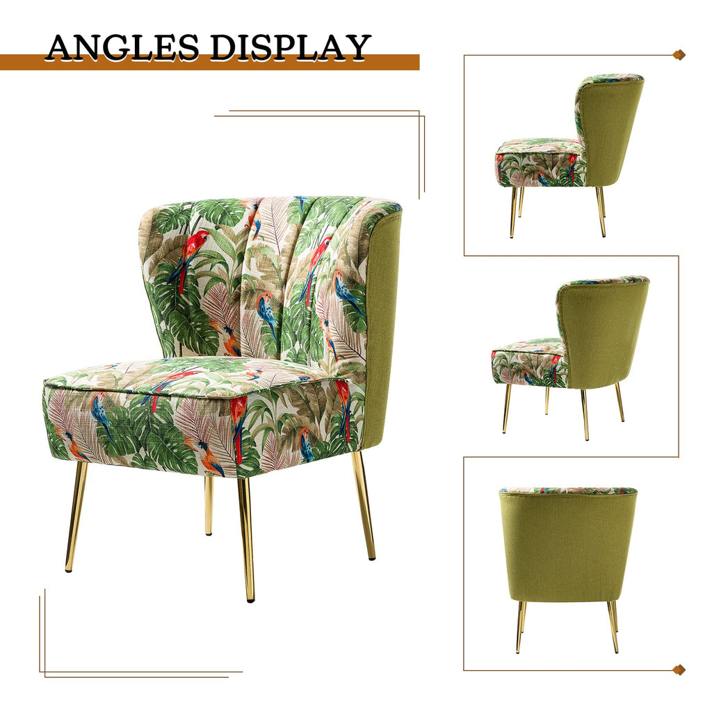 Modern Accent Chair with Golden Legs, Comfy Cute Living Room Chair, Wingback Small Armless Side Chair, Upholstered Tufted Slipper Chair for Bedroom, Reading Room (Tropical Parrot, Green)
