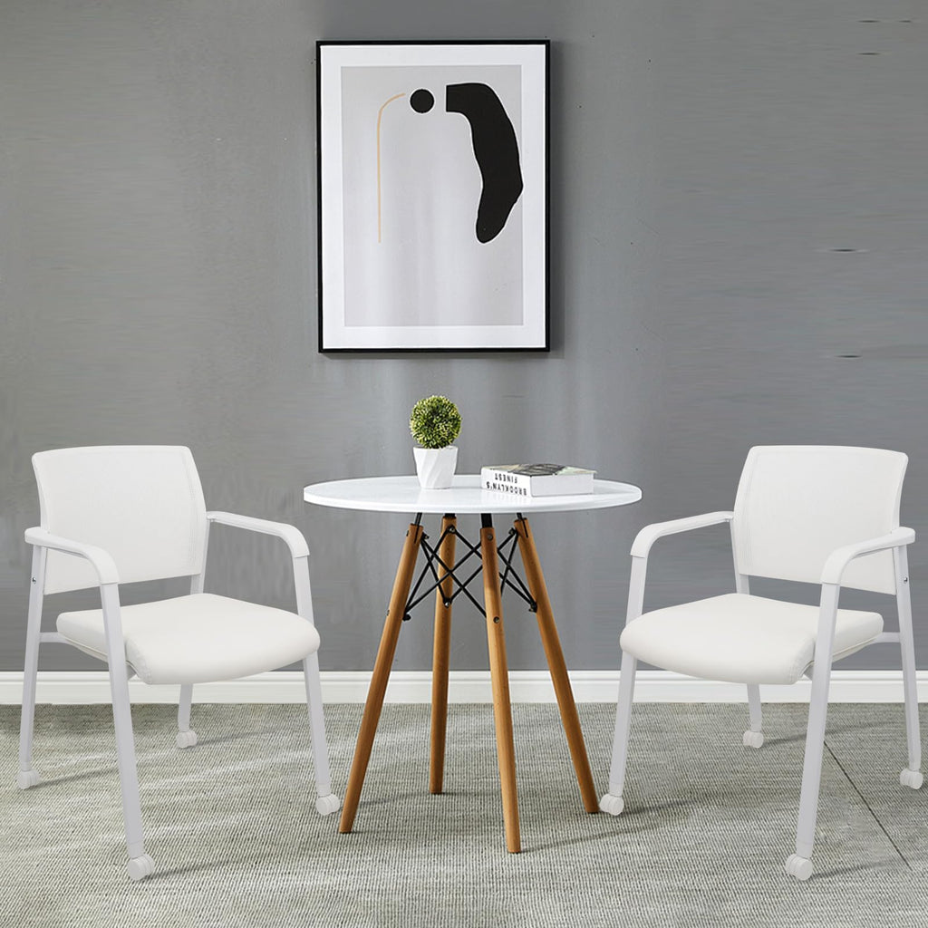 Set of 2, Stacking Office Chairs | Mesh Back, Thicken Leather Seat and Arms, Ergonomic Lumber Support | Guest Reception, Waiting, Conference, School, Party, Customer, Side, Stationary | White