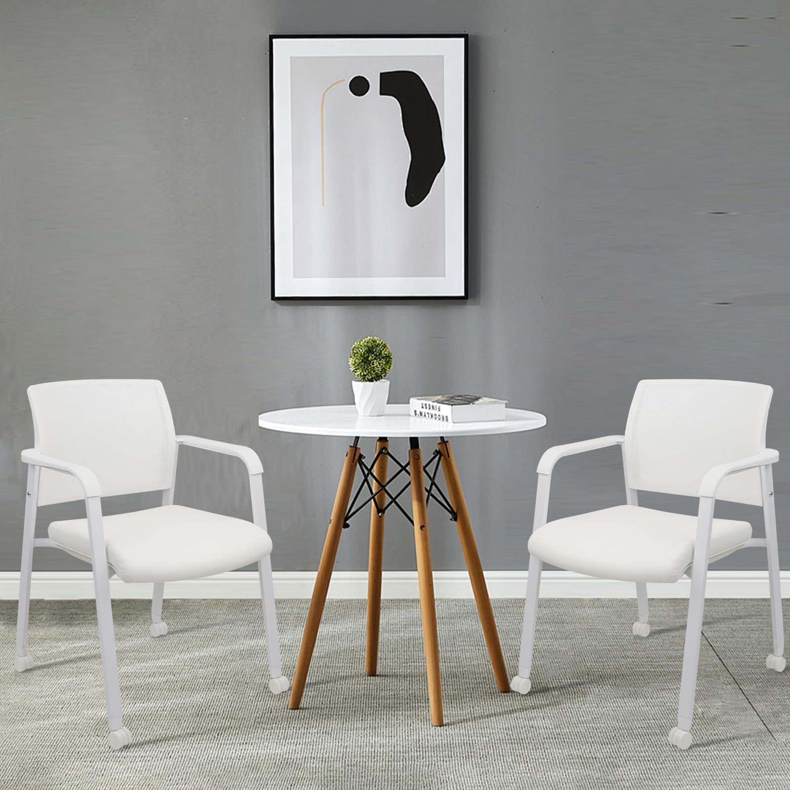 Set of 2, Stacking Office Chairs | Mesh Back, Thicken Leather Seat and Arms, Ergonomic Lumber Support | Guest Reception, Waiting, Conference, School, Party, Customer, Side, Stationary | White