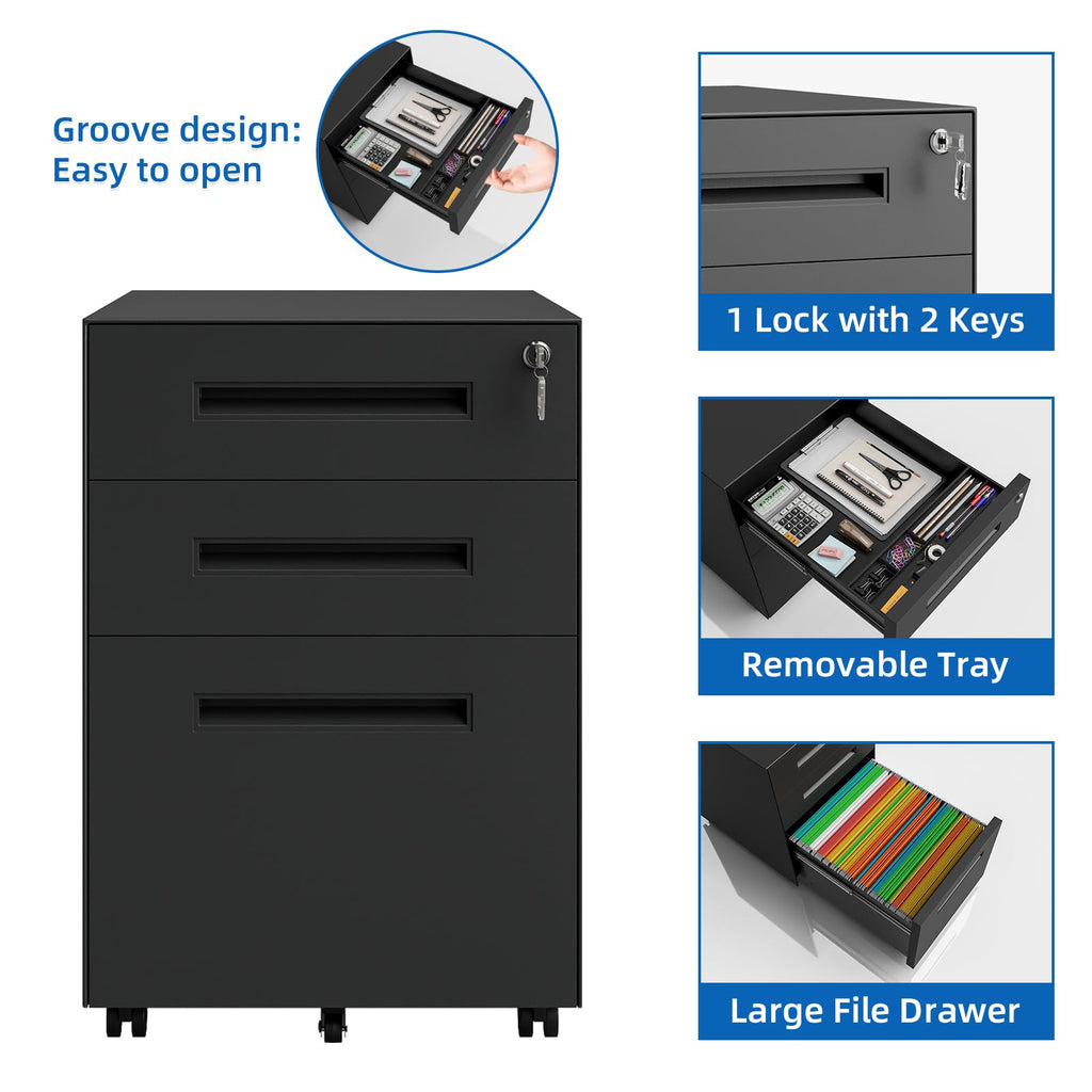 3 Drawer Metal Rolling File Cabinet Under Desk Filing Cabinet Black