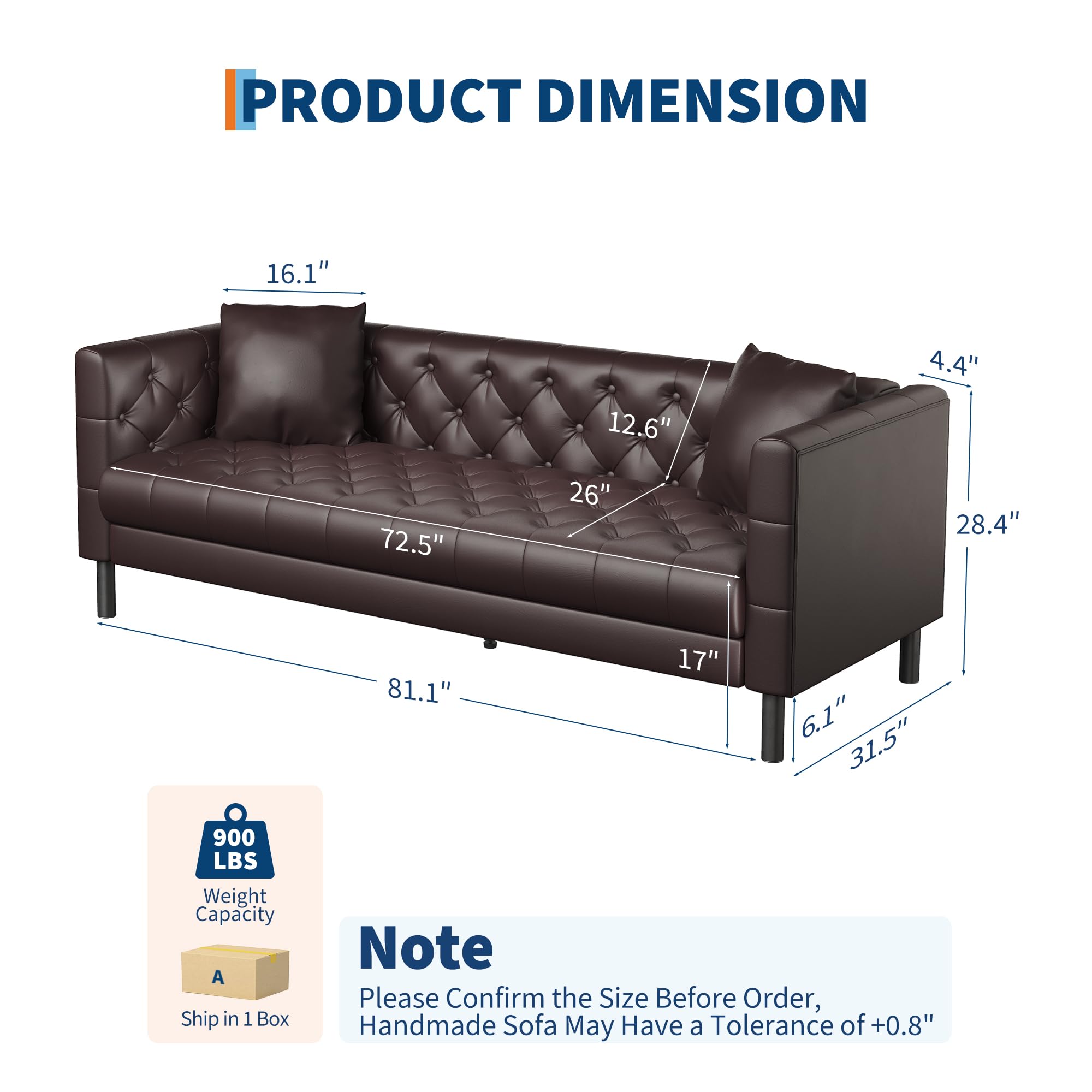81 in Leather Couch, Modern Sofa Couch with Deep Seat and 2 Pillows, Handmade Button Tufted 3 Seater Sofa, Leather Sofa for Apartment or Office, Dark Brown