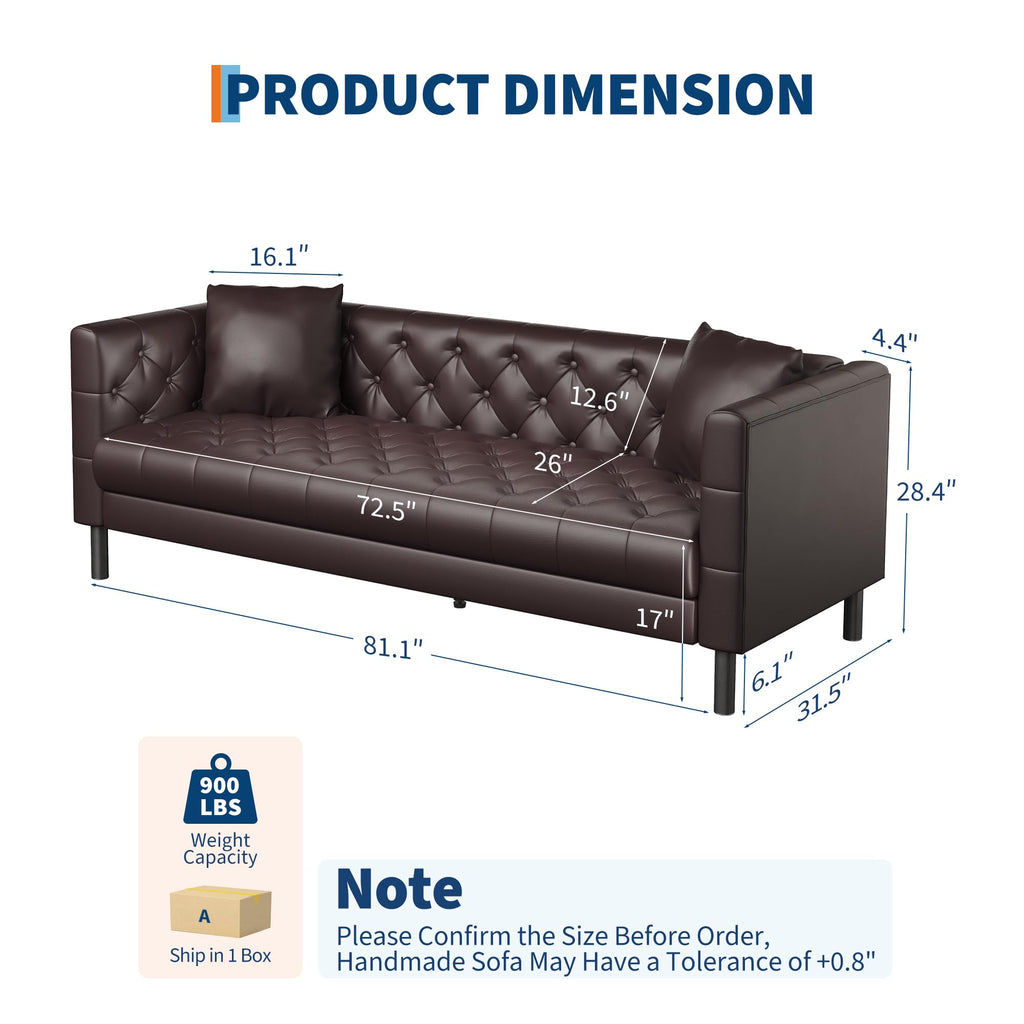 81 in Leather Couch, Modern Sofa Couch with Deep Seat and 2 Pillows, Handmade Button Tufted 3 Seater Sofa, Leather Sofa for Apartment, Office, Dark Brown