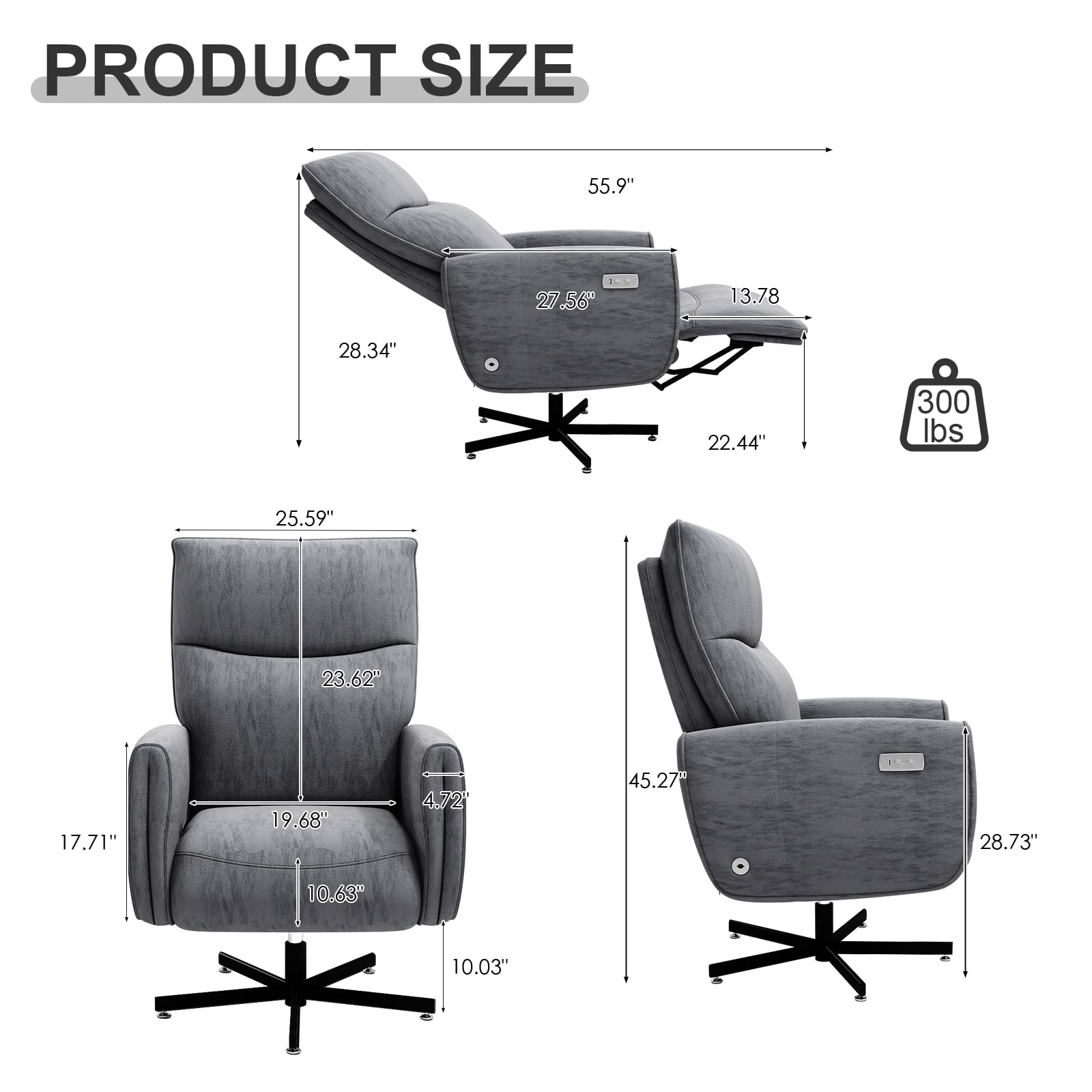 Power Reclining Adjustable Swivel Chair, Ergonomic Executive Office Chair, 90°-125° Tilt, Velvet Upholstery, Built-in USB Charger, 360° Rotation & Height Adjustment, Modern Desk Chair for Home Office