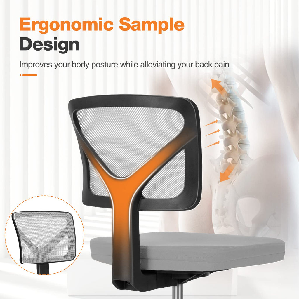 Small Desk Chair, Ergonomic Low-Back Mesh Rolling Work Swivel Chairs with Wheels, Armless Comfortable Seat Lumbar Support for Home, Bedroom, Study, Student, Adults, Grey