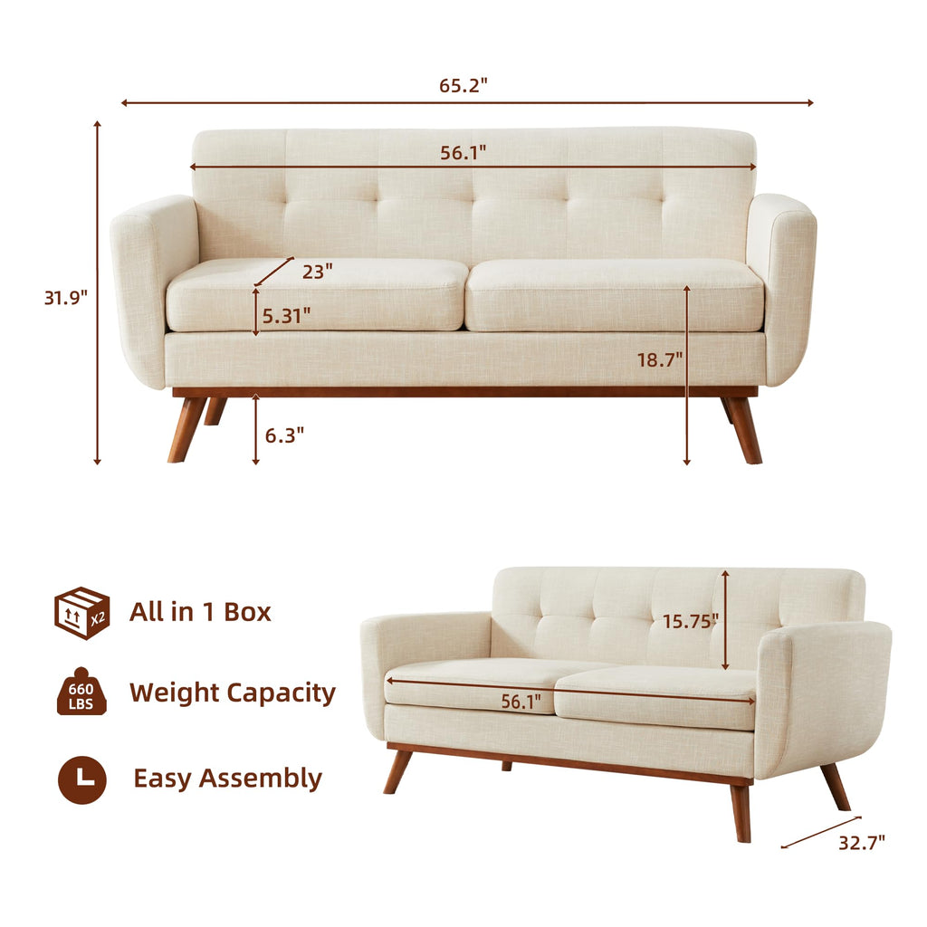 65.2" W Loveseat Sofa, Easy to Install Small Couch for Bedroom Office Apartment, Cream White