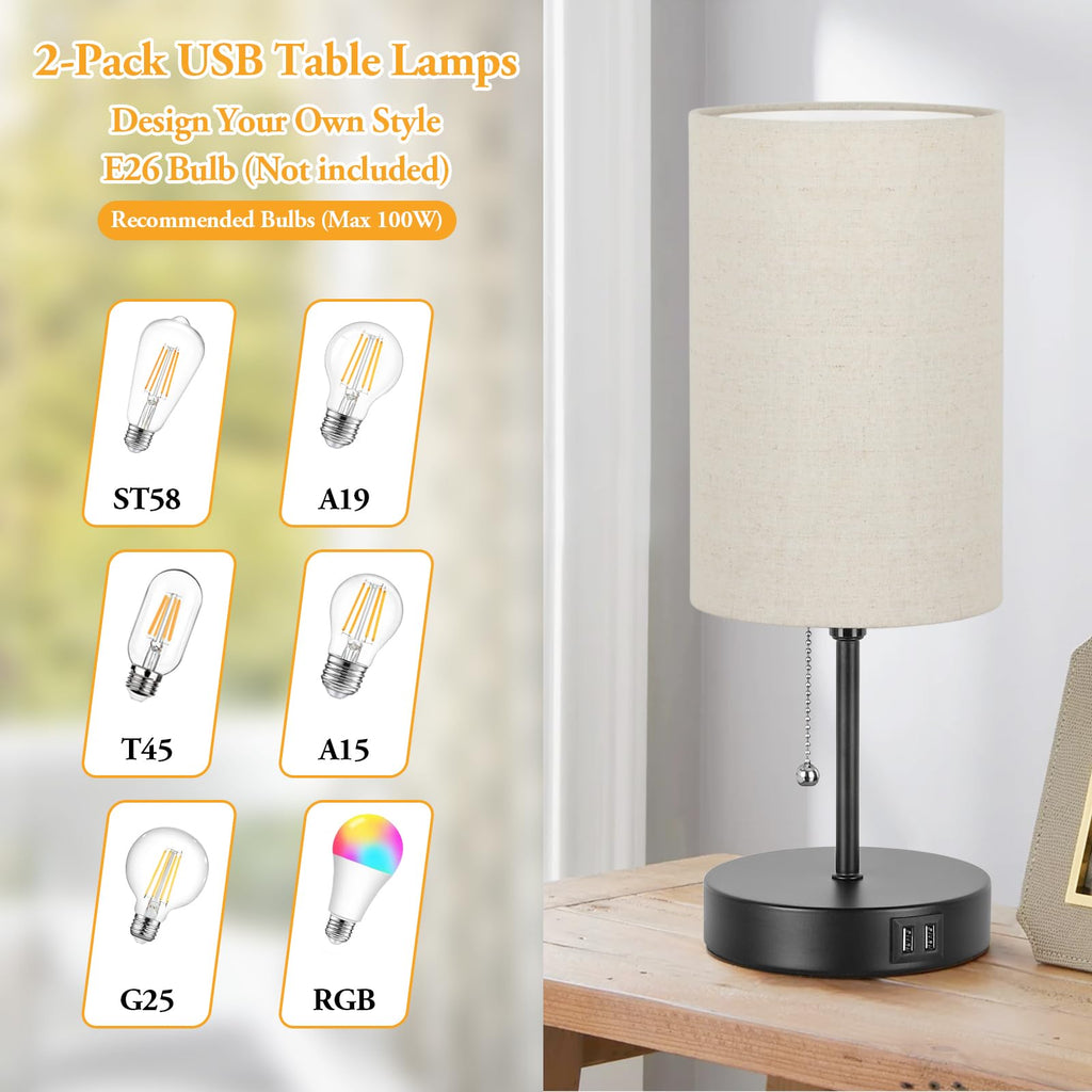 2 Sets Table Lamps with 2 USB, Minimalist Beside Lamps for Bedroom