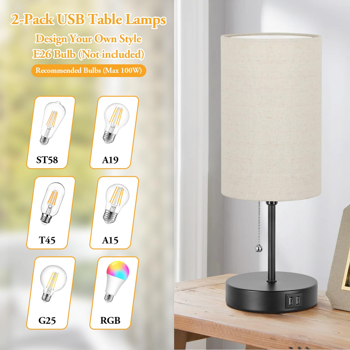 2 Sets Table Lamps with 2 USB, Minimalist Beside Lamps for Bedroom