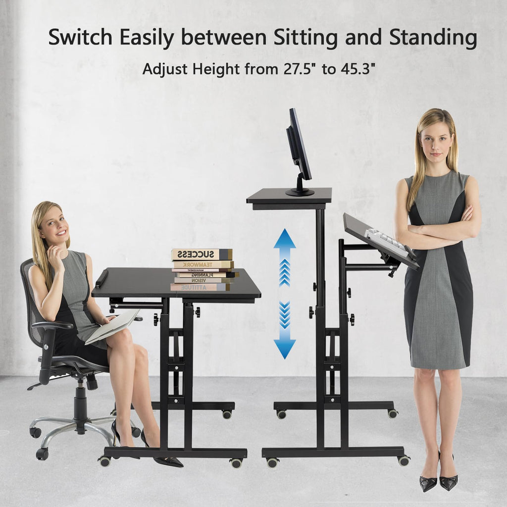 Mobile Standing Desk with Charging Station, Adjustable Standing Computer Desk, Standing Adjustable Laptop Cart with Wheels for Home Office Classroom Black