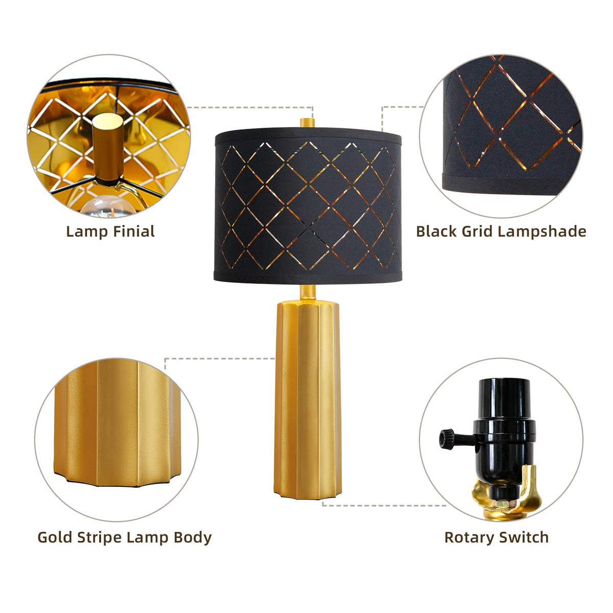 Set of 2 Modern Table Lamps for Living Room Bedroom, Gold Nightstand Resin Lamps with Black Grid Shade, Contemporary Desk Lamps for Bedside End Tables, 2 Bulbs Included (Gold)