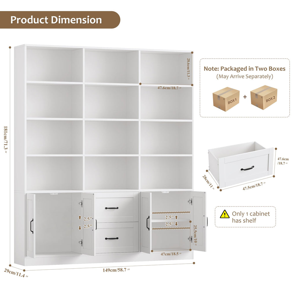71" Tall Triple Wide Bookshelf with Storage Drawers & Doors, White