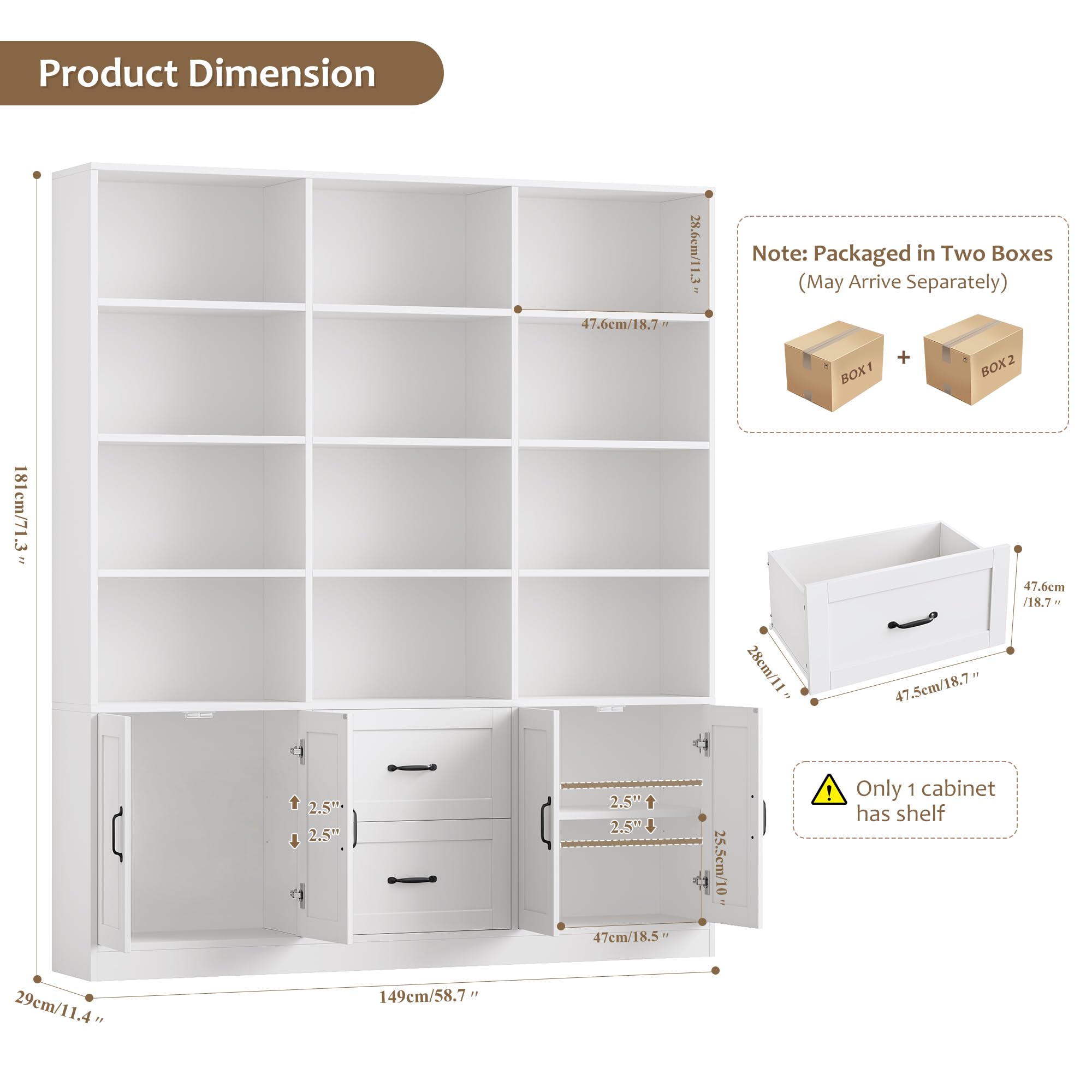 71" Tall Triple Wide Bookshelf with Storage Drawers & Doors, White