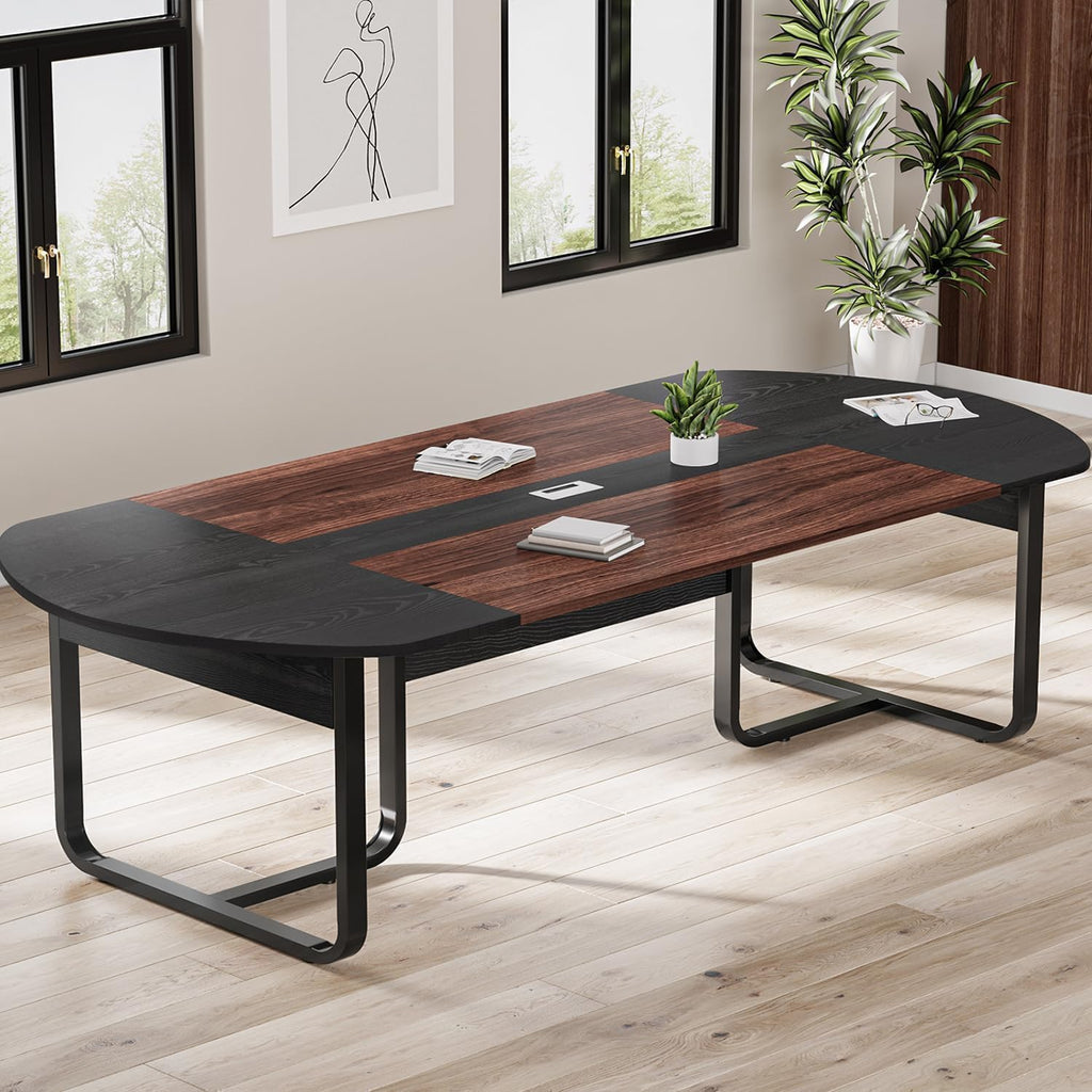 8FT Conference Table, Large Conference Room Table for 8-10 People, Oval Meeting Table with Grommet for Office Conference, Black and Walnut