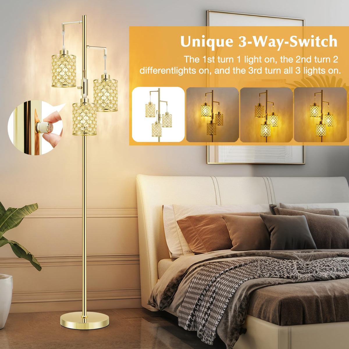 Morden Gold Crystal Floor Lamps for Living Room, 3-Light Standing Tall Lamp with Elegant K9 Crystal Shade & Rotary Switch, Modern Corner Floor Lamp for, Bedroom, Home Office, Reading