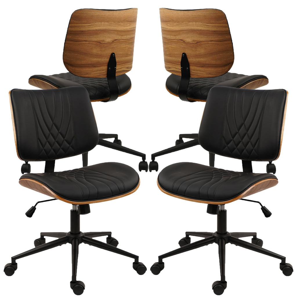 4Pack, Armless Home Office Chair, Desk Chair with Wheels, Adjustable Height Reading Chair, Leather Mid Back & Swivel Computer, Modern Walnut Chairs with Back for Study Meeting Room(Black)