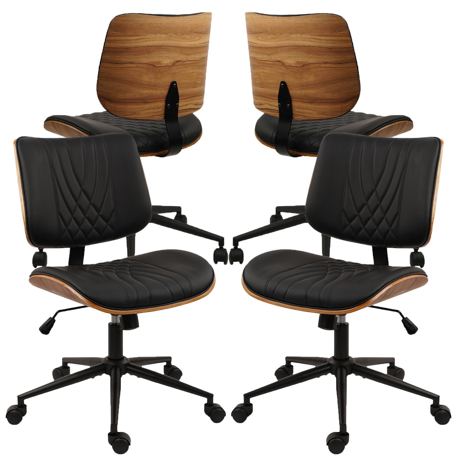 4Pack, Armless Home Office Chair, Desk Chair with Wheels, Adjustable Height Reading Chair, Leather Mid Back & Swivel Computer, Modern Walnut Chairs with Back for Study Meeting Room(Black)