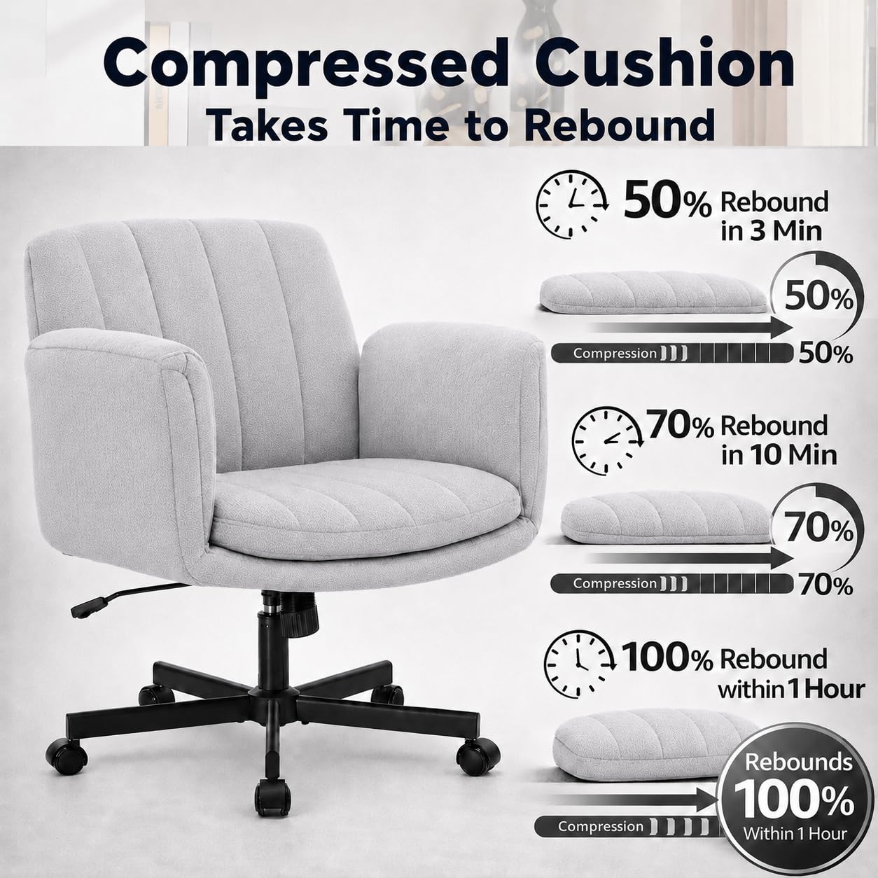 Criss Cross Office Chair with Wheels and Arms, Vanity Chair with Back, Comfy Swivel Cross Legged Office Chairs for Ultimate Comfort and Support, Unique Multifunctional Stylish Arms (Fabric Gray)