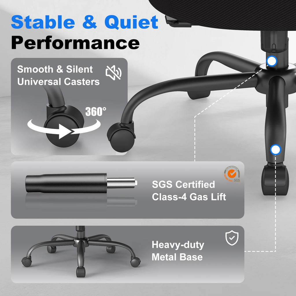 Ergonomic Office Chair, Home Computer Chair with 3D Adjustable Headrest and 4D Flip-Up Armrests, Adjustable Lumbar Support, Suitable for Office and Study, 6PC, Black