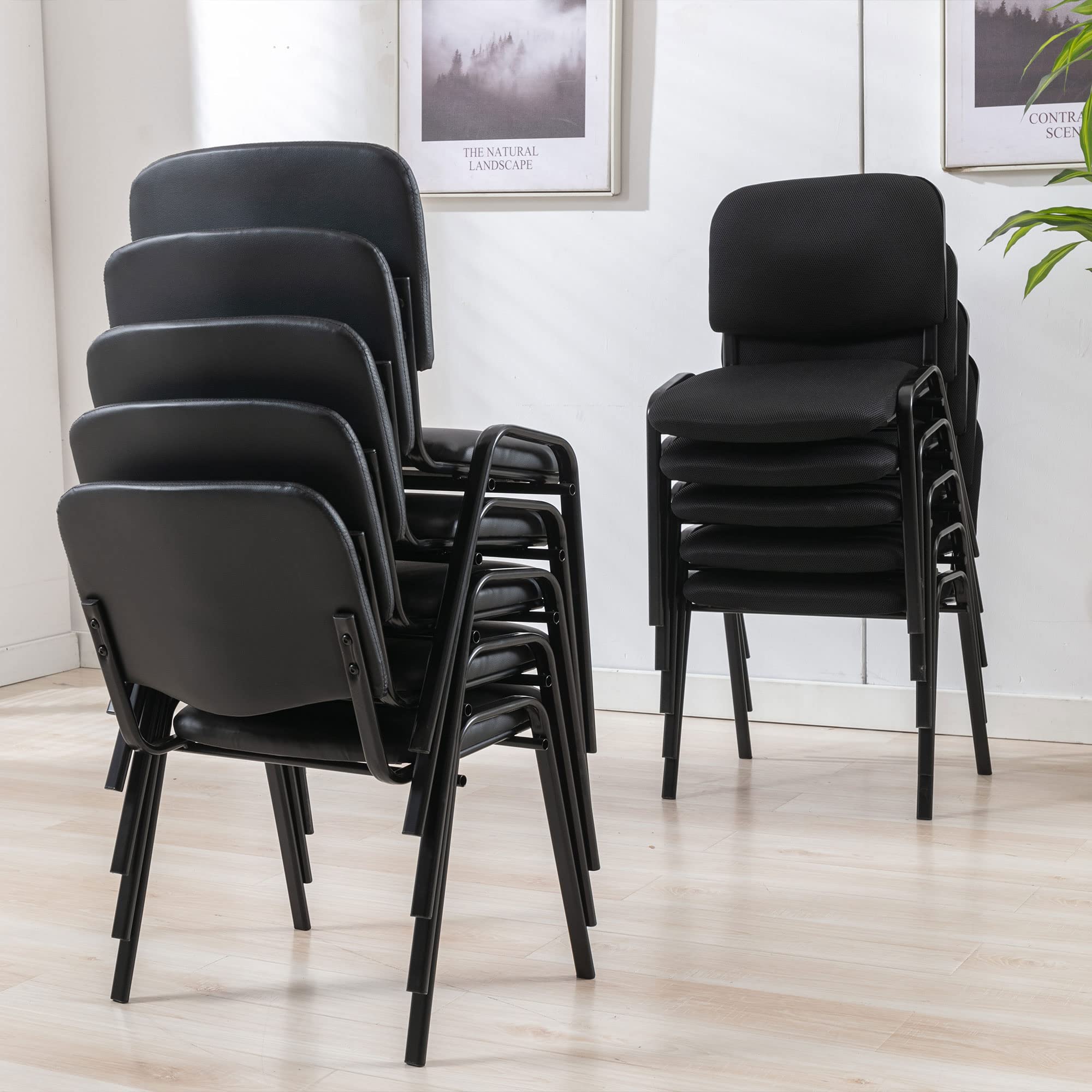 Stackable Office Guest Chairs, Reception Waiting Room Chairs with Padded Seat & Back, Armless No Wheels Conference Chairs for Office Meeting Lobby, Set of 10, Black Mesh Fabric