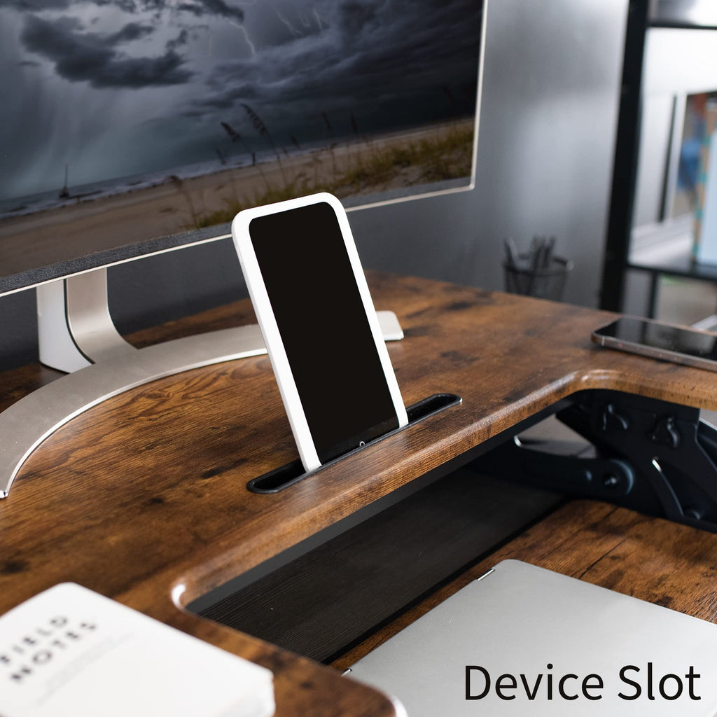42 inch Height Adjustable Stand Up Desk Converter, V Series, Quick Sit to Stand Tabletop Dual Monitor Riser Workstation, Rustic Vintage Brown Top, Black Frame, DESK-V000VLN