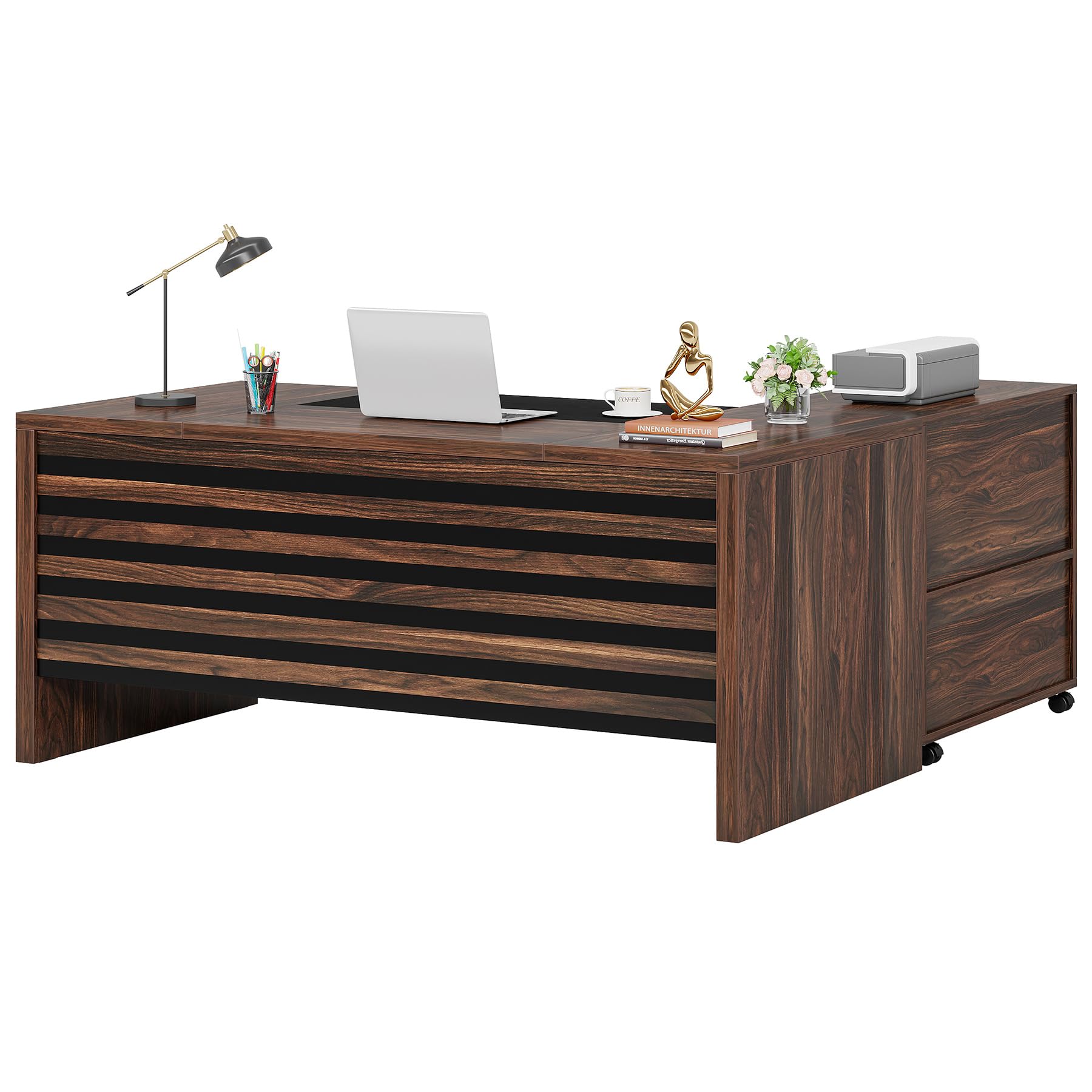 62.2" Executive Desk with Mobile File Cabinet, L-Shaped Office Desk with Storage Shelves, Large Computer Table Business Workstation Set for Home Office, Dark Brown