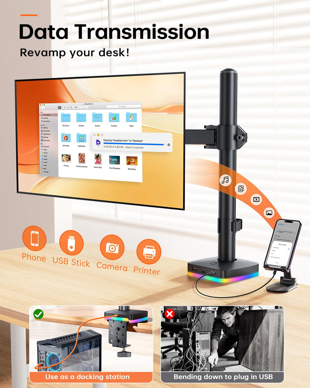 Single Monitor Stand, Monitor Arm with 3 USB Ports, Charging and USB Data Transfer Function, Adjustable Desk Mount for 13"-27" Monitors up to 17.6lbs, VESA 75x75mm 100x100mm, Ergonomic Design