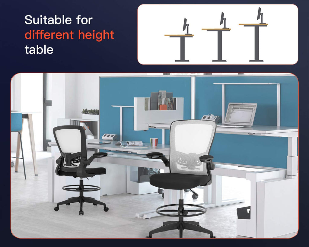 Drafting Chair Tall Office Chair Adjustable Height with Lumbar Support Arms Footrest Mid Back Standing Desk Chair with Swivel Rolling Mesh Stool White