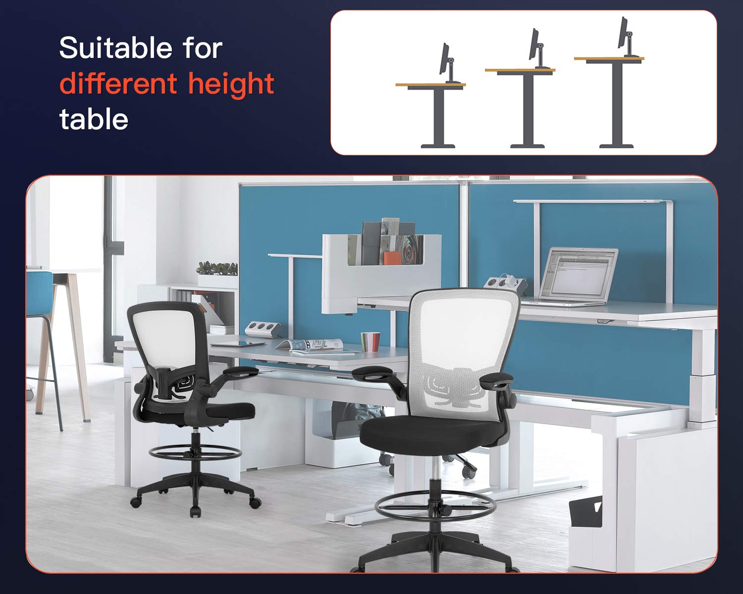 Drafting Chair Tall Office Chair Adjustable Height with Lumbar Support Arms Footrest Mid Back Standing Desk Chair with Swivel Rolling Mesh Stool White