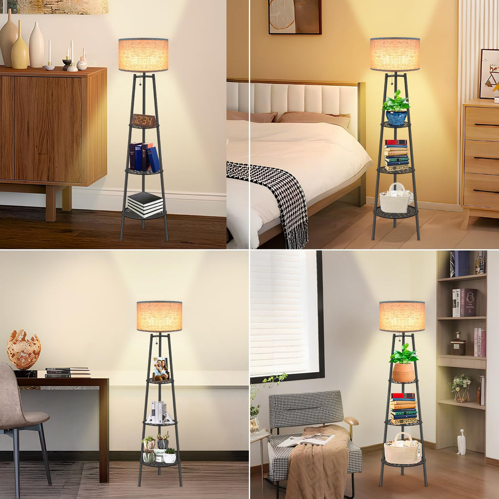 Floor Lamp with Shelves for Living Room， Standing Lamp，Tall Lamp， Amparas Elegantes para Sala with Linen Shade，Modern Floor Lamp for Living Room，Bedroom or Office（Black ）