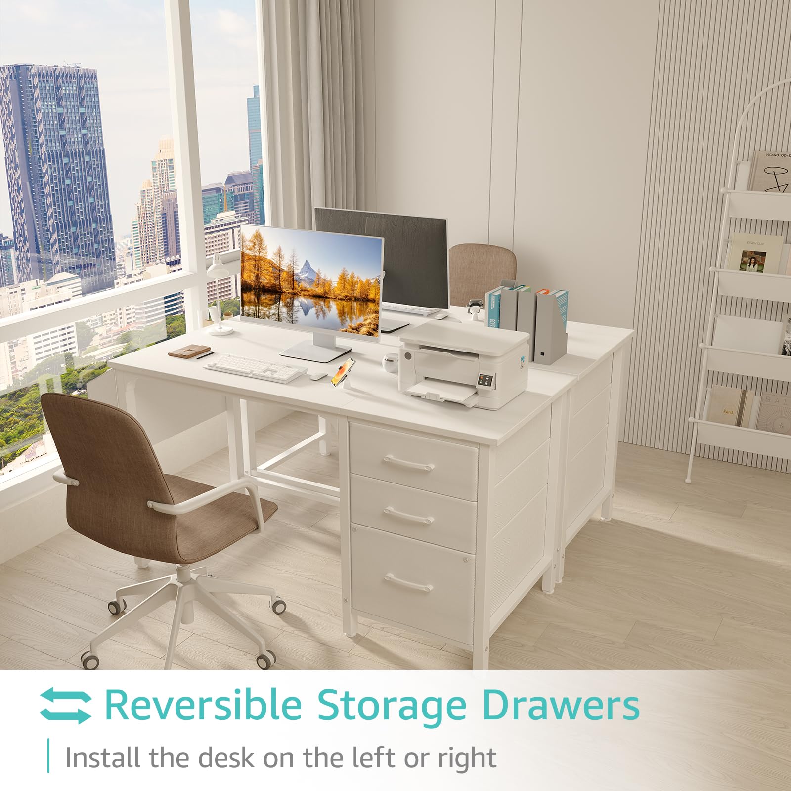 White Desk with File Drawers Cabinet, 47 Inch Reversible Computer Desk with Fabric Filing Cabinet for Bedroom Small Space Home Office, Modern Writing Table PC Desks, White