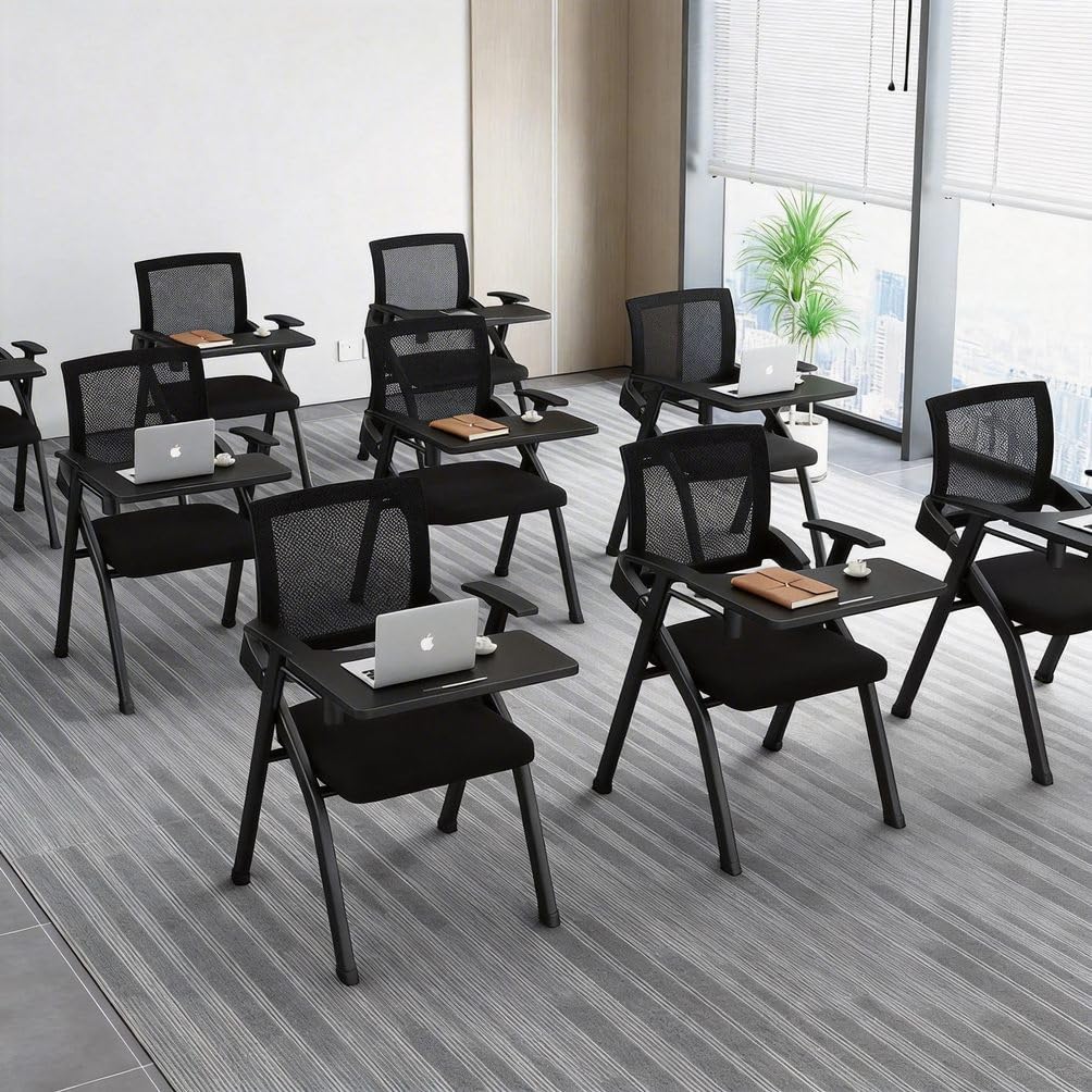 12 Pk, Folding Training Chairs with Desk Attached, Mobile Office Meeting Chair with Writing Tablet and Cup Holder, Space-Saving Nesting Conference Chair for Classroom, Seminar