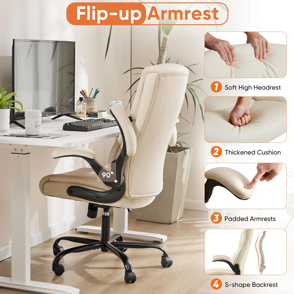 Set of 2, Ergonomic Computer Gaming Office Chair  Heavy Duty Task Desk Swivel Rolling Chairs with Wheels, Flip-up Arms, Adjustable Height, PU Leather,Cream White