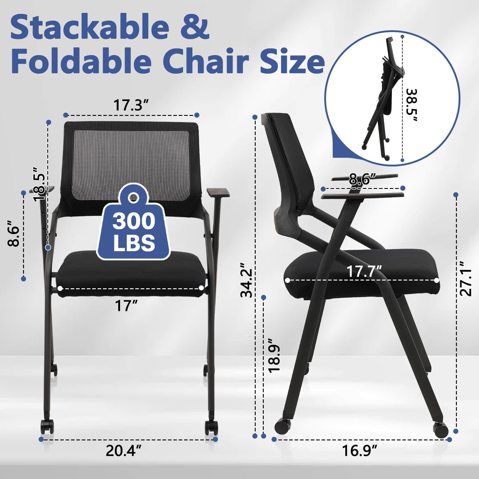 Black (20 pk) Ergonomic Stackable & Foldable Conference Room Chairs, Mesh Office Chair with Arms and Wheels for Office Waiting Room Meeting Lobby Church School Receptions and Training