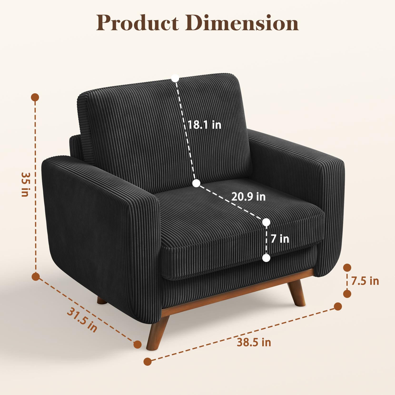 38.5" Accent Chair Black, Comfy Corduroy Single Sofa Seat with Spring Cushion, Upholstered Armchair with Deep Seat, Reading Chair for Adults, Modern Sofa for Living Room, Bedroom