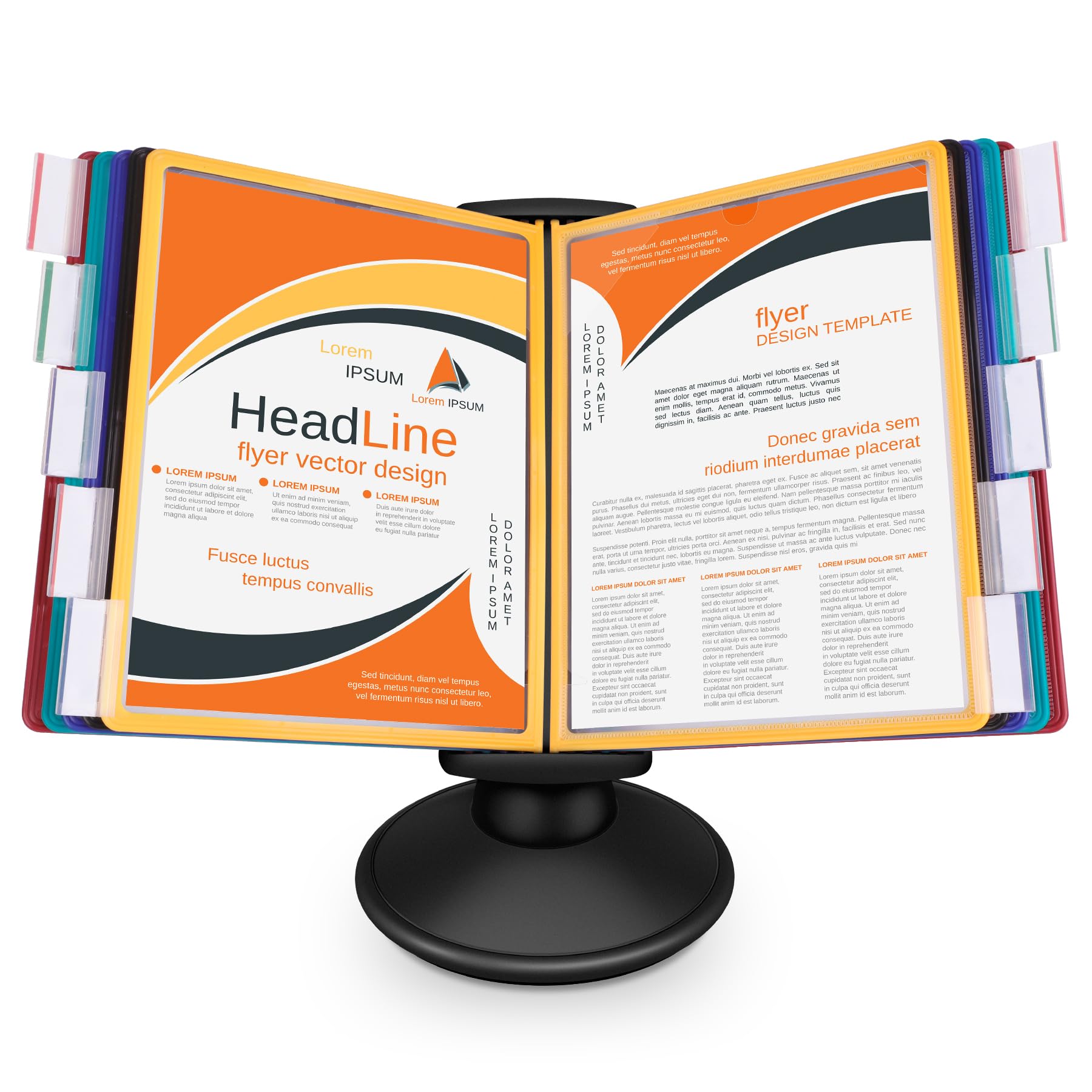 10-Pocket Desktop Reference & Display System with 360° Adjustable Base, Fast Flip & Find Desk Reference Organizer, A4/Letter Size 10 Double-Sided Panels with 5-Color Borders & Index Tabs, Black