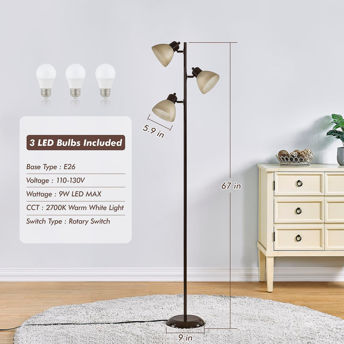 Modern Tree Floor Lamp for Living Room Bedroom, Tall Pole Standing Lamps with 3 Adjustable Rotating Heads for Office, Decor Corner, Reading Indoor, 3 Bright Lights LED Bulbs Included (Brown)