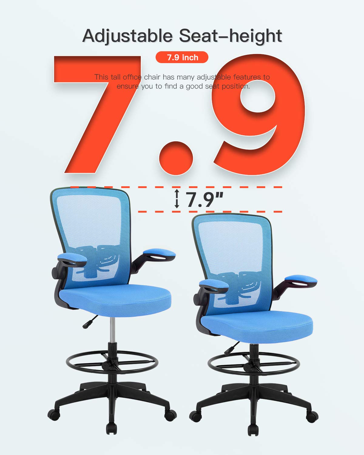 Drafting Chair Tall Office Chair Adjustable Height with Lumbar Support Arms Footrest Mid Back Standing Desk Chair Swivel Rolling Mesh Computer Chair Standing Desk Drafting Stool Blue